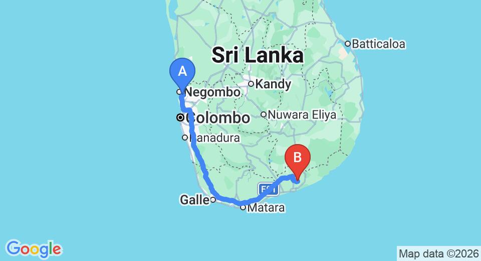Driving route map: Colombo Airport (CMB) to Bandagiri Village Eco Resort, Hambantota (261 km, approx 3 h 23 min private transfer)