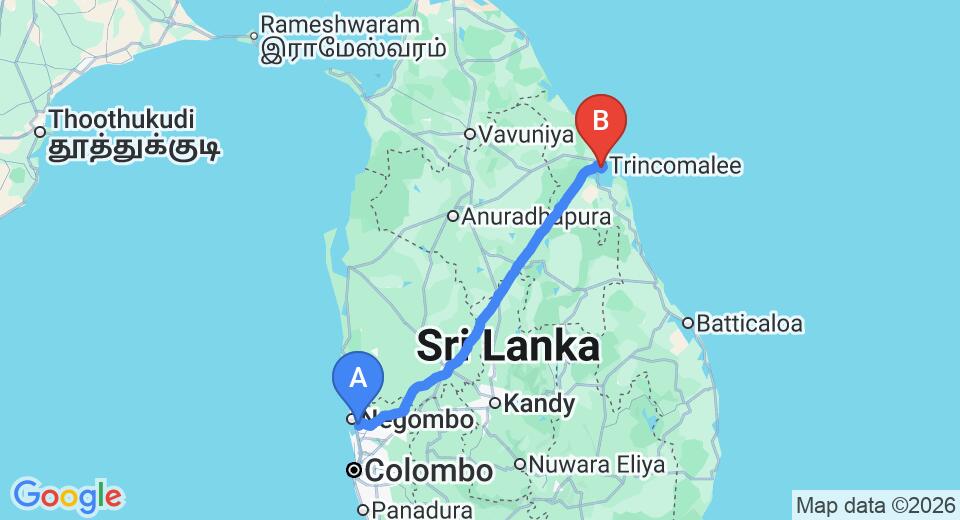 Driving route map: Colombo Airport (CMB) to Welcombe Hotel, Trincomalee (238 km, approx 4 h 50 min private transfer)