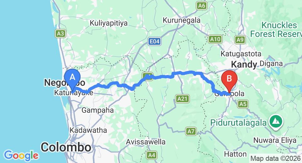 Driving route map: Colombo Airport (CMB) to Hotel Bin - Vino, Gampola (105 km, approx 3 h 8 min private transfer)
