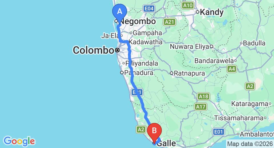 Driving route map: Colombo Airport (CMB) to Fort Square Boutique Villa, Galle (153 km, approx 2 h 12 min private transfer)