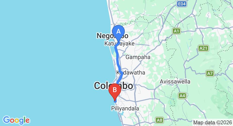 Driving route map: Colombo Airport (CMB) to Mount Lavinia House, Mount Lavinia (43 km, approx 1 h 10 min private transfer)