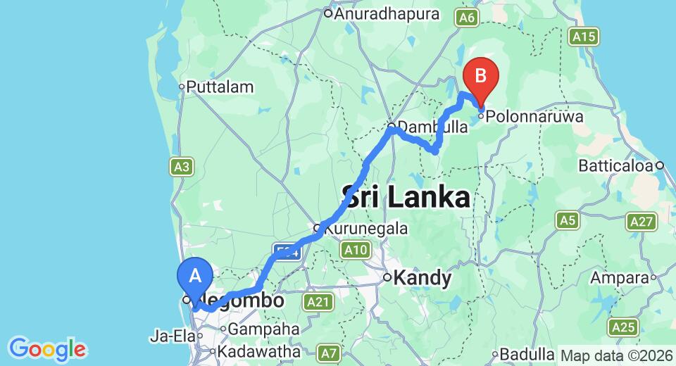 Driving route map: Colombo Airport (CMB) to Siyanco Holiday Resort, Polonnaruwa (196 km, approx 4 h 2 min private transfer)