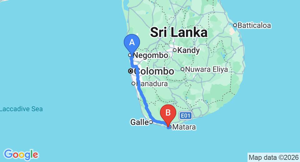 Driving route map: Colombo Airport (CMB) to Beach Inn Holiday Resort, Matara (185 km, approx 2 h 35 min private transfer)