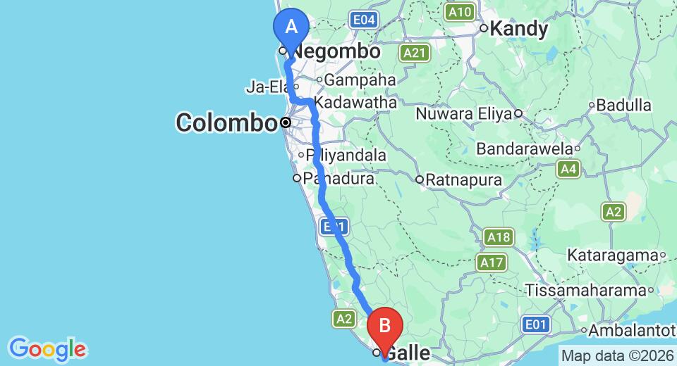 Driving route map: Colombo Airport (CMB) to Nor Lanka Hotel, Unawatuna (153 km, approx 2 h 8 min private transfer)