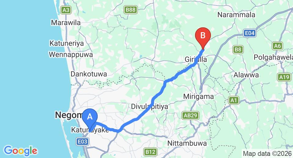 Driving route map: Colombo Airport (CMB) to Hotel Dambadeniya, Dambadeniya (40 km, approx 1 h 9 min private transfer)
