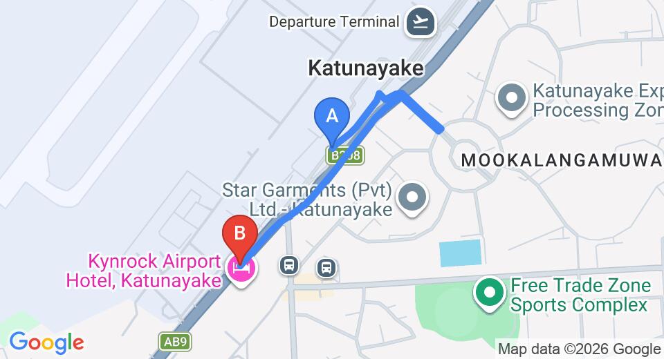 Driving route map: Colombo Airport (CMB) to Hotel Goodwood Plaza, Katunayake (2 km, approx 5 min private transfer)