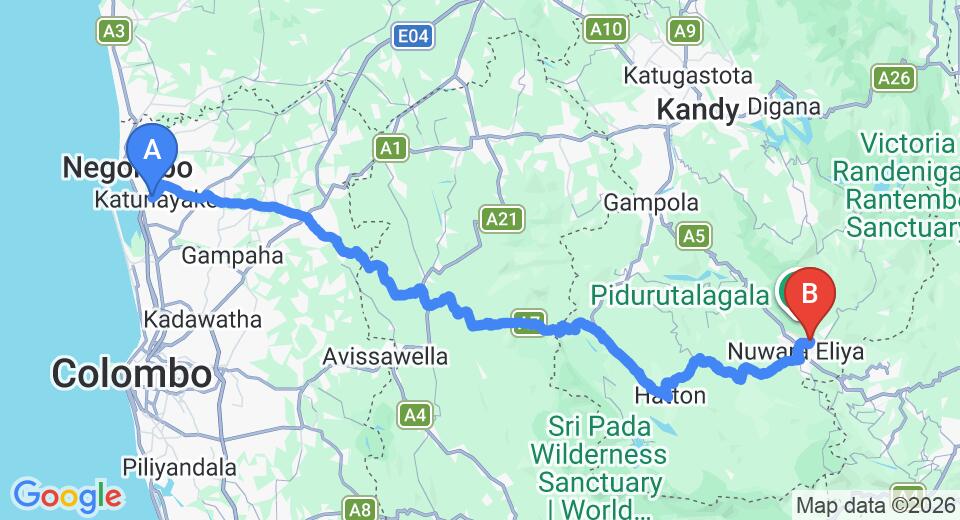 Driving route map: Colombo Airport (CMB) to The Paul Wood Cabana, Nuwara Eliya (156 km, approx 4 h 53 min private transfer)