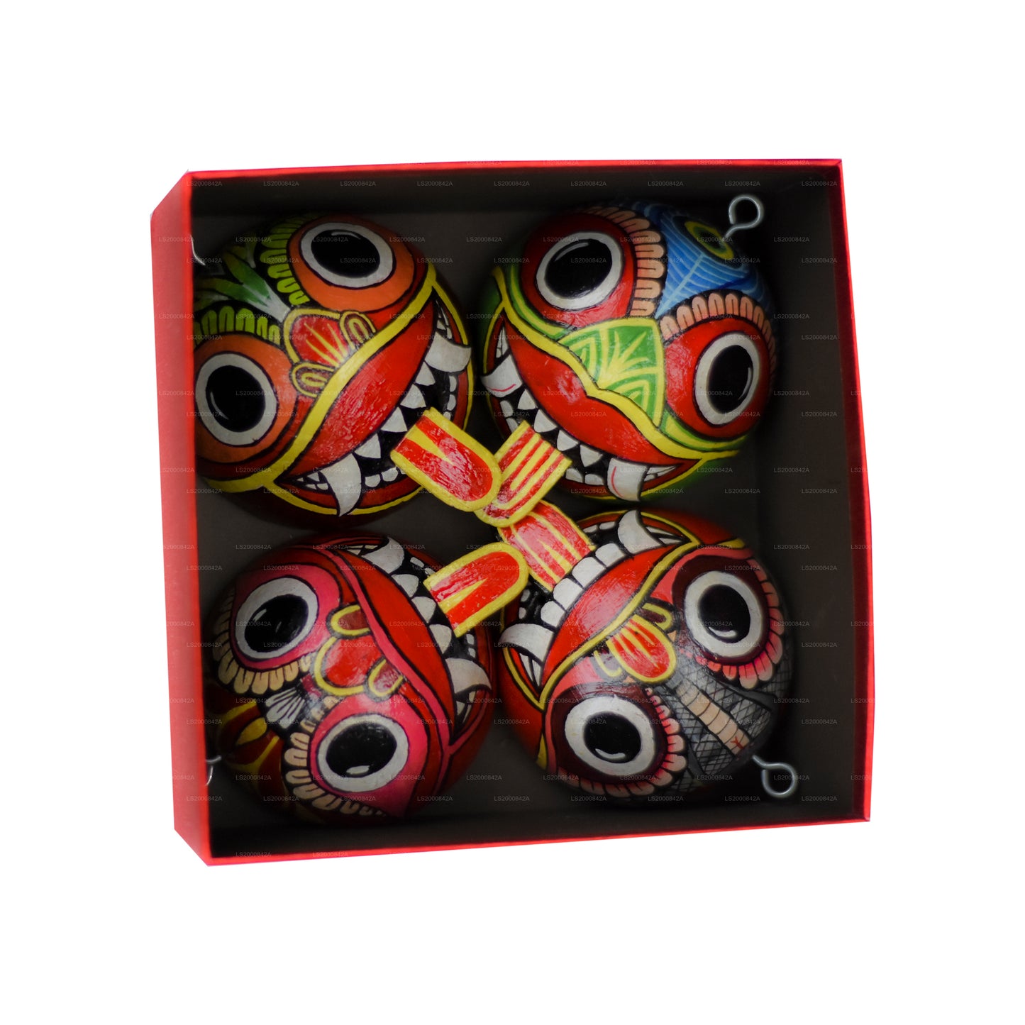 Máscaras raksha tradicionales de Sri Lanka (Mayura, Maru, Agni, Naga) pintadas sobre cáscaras de coco (paquete de 4)