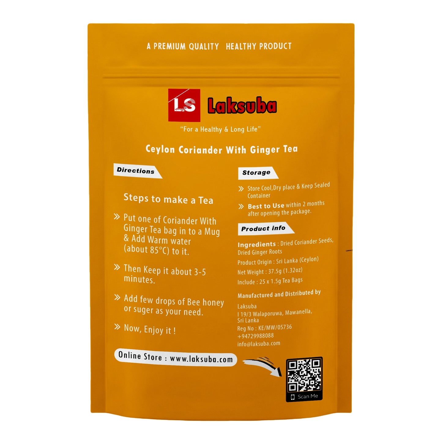 Té de cilantro de Ceilán con jengibre Laksuba (37,5 g) 25 bolsitas