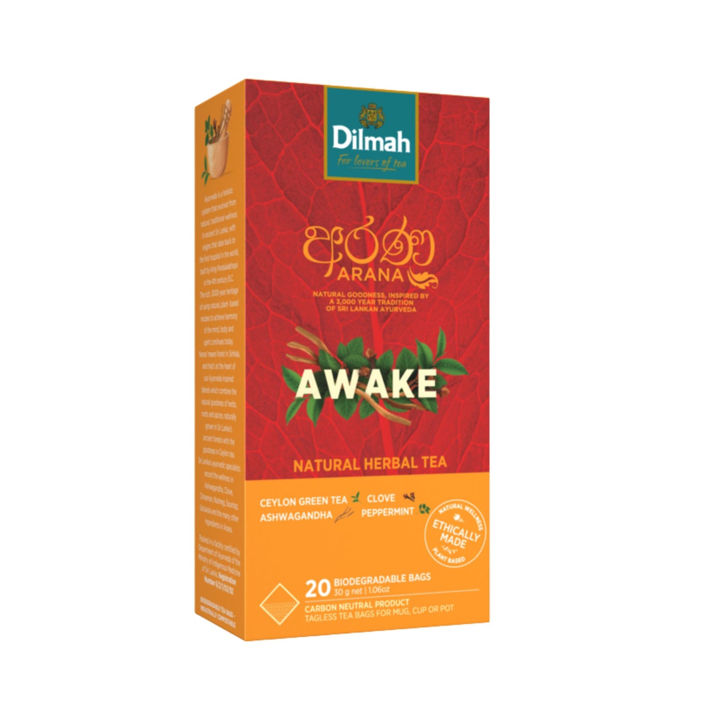 Té verde a base de hierbas naturales Dilmah Arana Awake (20 bolsitas de té sin etiqueta)