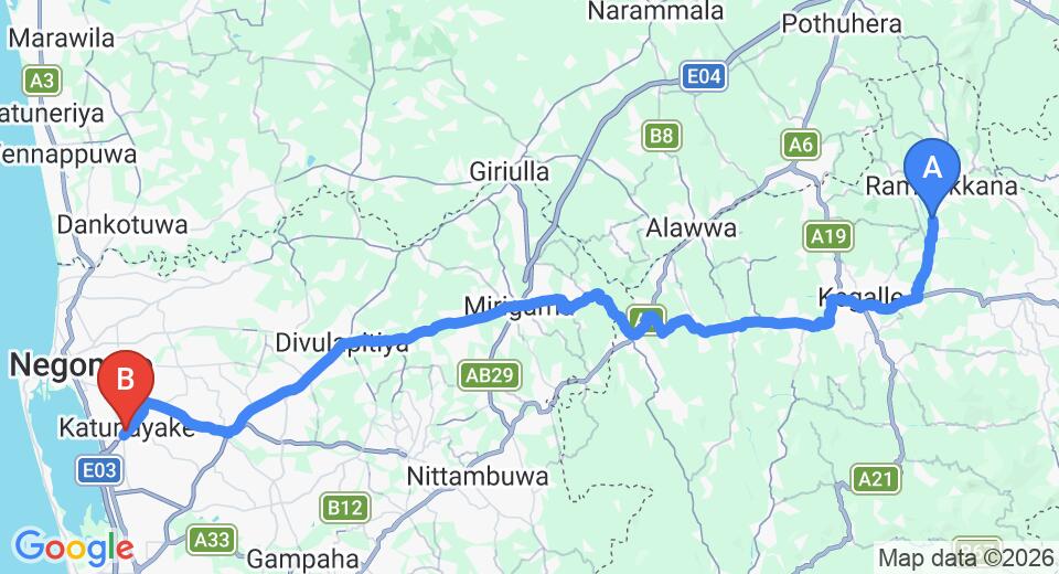 Driving route map: Pinnawala to Colombo Airport (CMB) (74 km, approx 2 h 6 min private transfer)