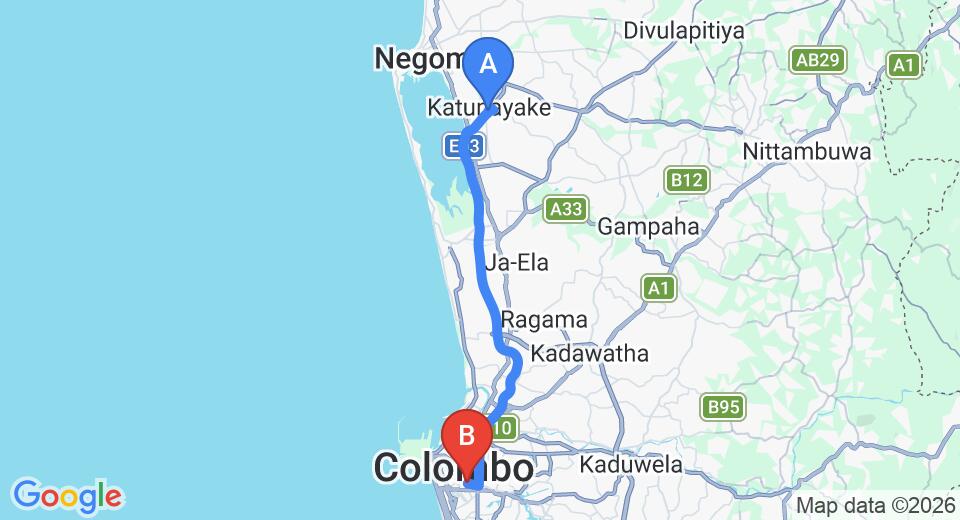 Driving route map: Colombo Airport (CMB) to Jetwing Colombo Seven, Colombo (33 km, approx 42 min private transfer)