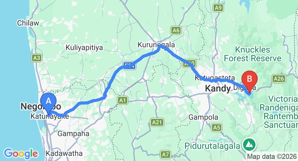Driving route map: Colombo Airport (CMB) to Clingendael, Kandy (131 km, approx 3 h 24 min private transfer)