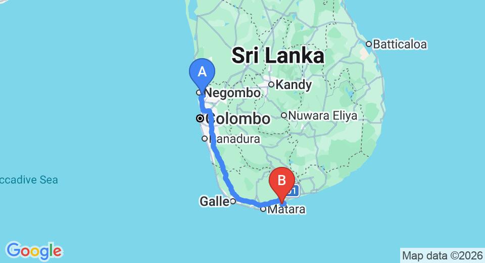 Driving route map: Colombo Airport (CMB) to Esperanza Beach Villa and Spa, Tangalle (215 km, approx 2 h 57 min private transfer)