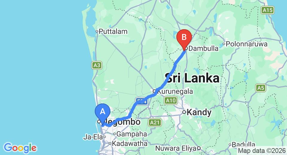 Driving route map: Colombo Airport (CMB) to Rangiri Dambulla Resort, Dambulla (126 km, approx 2 h 42 min private transfer)
