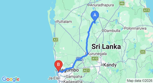 Driving route map: Avukana to Colombo Airport (CMB) (147 km, approx 3 h 7 min private transfer)
