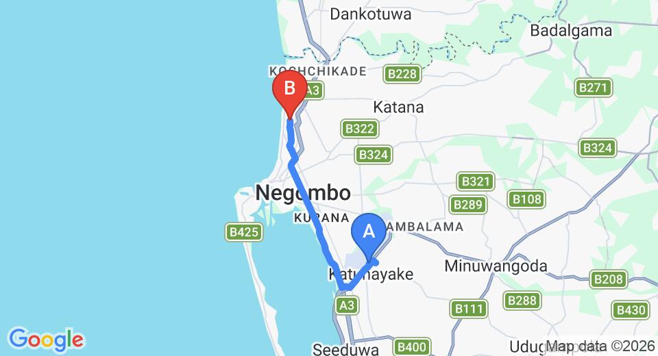 Driving route map: Colombo Airport (CMB) to Yoho Wonderful Villa, Negombo (13 km, approx 33 min private transfer)
