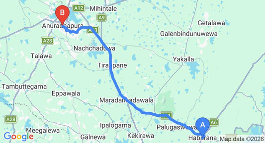 Driving route map: Habarana to Anuradhapura (59 km, approx 1 h 7 min private transfer)