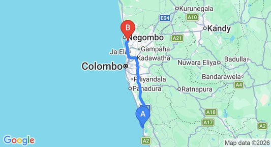 Driving route map: Kosgoda to Colombo Airport (CMB) (116 km, approx 1 h 49 min private transfer)