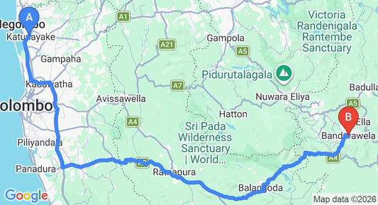 Driving route map: Colombo Airport (CMB) to The Nest, Bandarawela (220 km, approx 5 h 23 min private transfer)