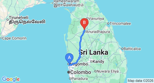 Driving route map: Colombo Airport (CMB) to Cadjan sacred, Anuradhapura (177 km, approx 3 h 50 min private transfer)