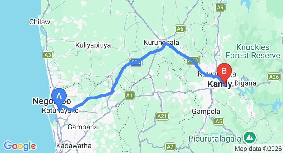 Driving route map: Colombo Airport (CMB) to House On The Rock, Kandy (117 km, approx 2 h 57 min private transfer)