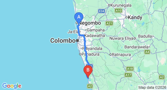 Driving route map: Colombo Airport (CMB) to Sheraton Kosgoda Turtle Beach Resort, Kosgoda (118 km, approx 1 h 54 min private transfer)