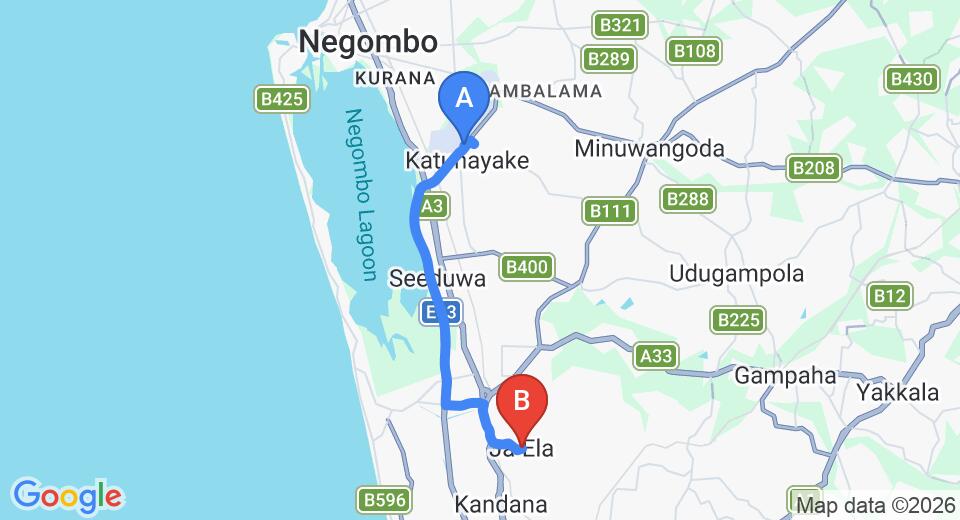 Driving route map: Colombo Airport (CMB) to Millhomes, Ja Ela (16 km, approx 24 min private transfer)