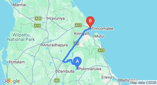 Driving route map: Polonnaruwa to Trincomalee (130 km, approx 2 h 28 min private transfer)