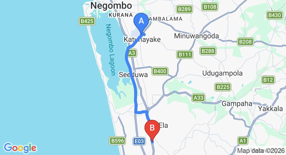 Driving route map: Colombo Airport (CMB) to Villa Grand Kandana, Kandana (17 km, approx 26 min private transfer)