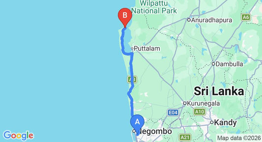 Driving route map: Colombo Airport (CMB) to Omeesha Beach Hotel, Kalpitiya (140 km, approx 3 h 17 min private transfer)