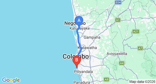 Driving route map: Colombo Airport (CMB) to Palms Mount Lavinia, Mount Lavinia (43 km, approx 1 h 10 min private transfer)