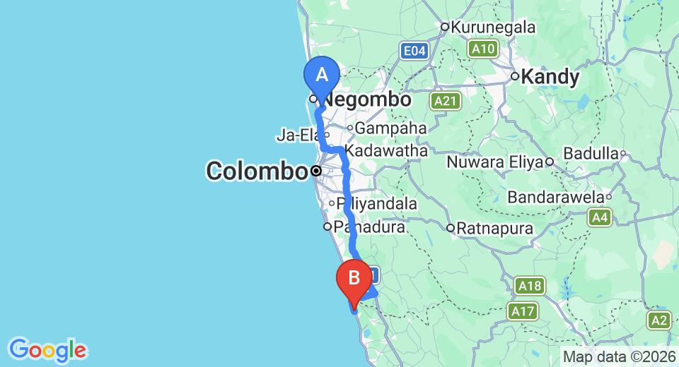 Driving route map: Colombo Airport (CMB) to Whispering Palms Hotel, Induruwa (112 km, approx 1 h 46 min private transfer)