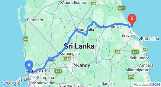 Driving route map: Colombo Airport (CMB) to Passi Villas, Pasikuda (267 km, approx 5 h 29 min private transfer)