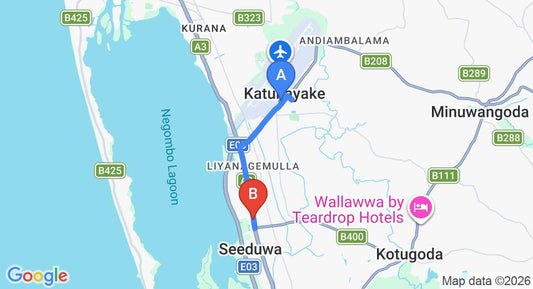 Driving route map: Colombo Airport (CMB) to Niwahana Transit City Hotel, Katunayake (6 km, approx 14 min private transfer)