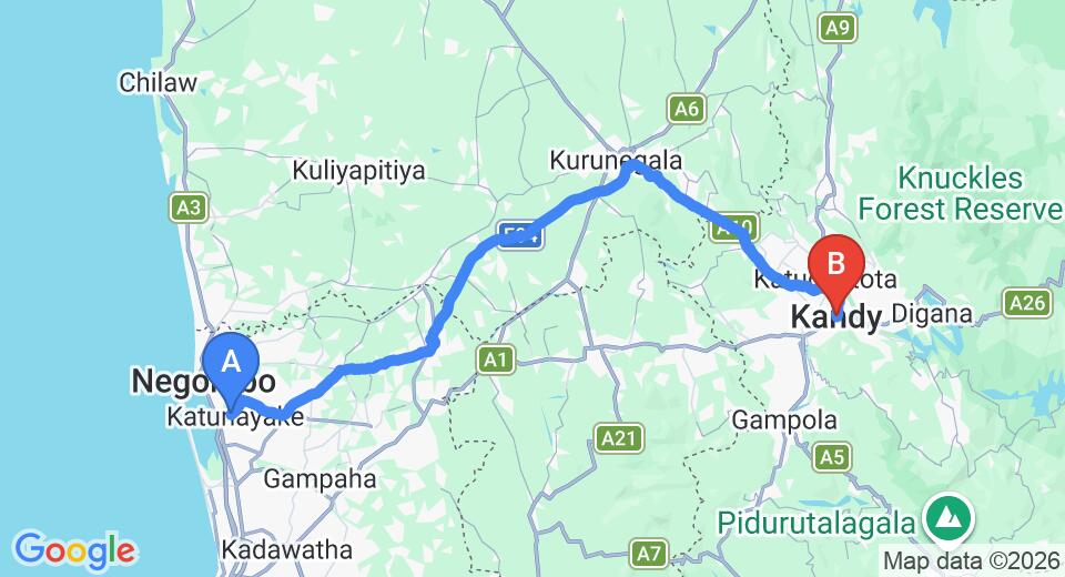 Driving route map: Colombo Airport (CMB) to Villa Montana, Kandy (114 km, approx 2 h 51 min private transfer)