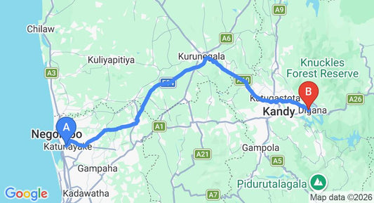 Driving route map: Colombo Airport (CMB) to Digana (125 km, approx 3 h 12 min private transfer)