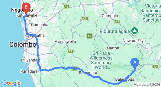 Driving route map: Belihuloya to Colombo Airport (CMB) (178 km, approx 4 h 3 min private transfer)
