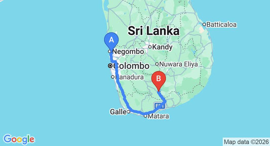Driving route map: Colombo Airport (CMB) to Grand Udawalawe Safari Resort, Udawalawe (258 km, approx 3 h 35 min private transfer)