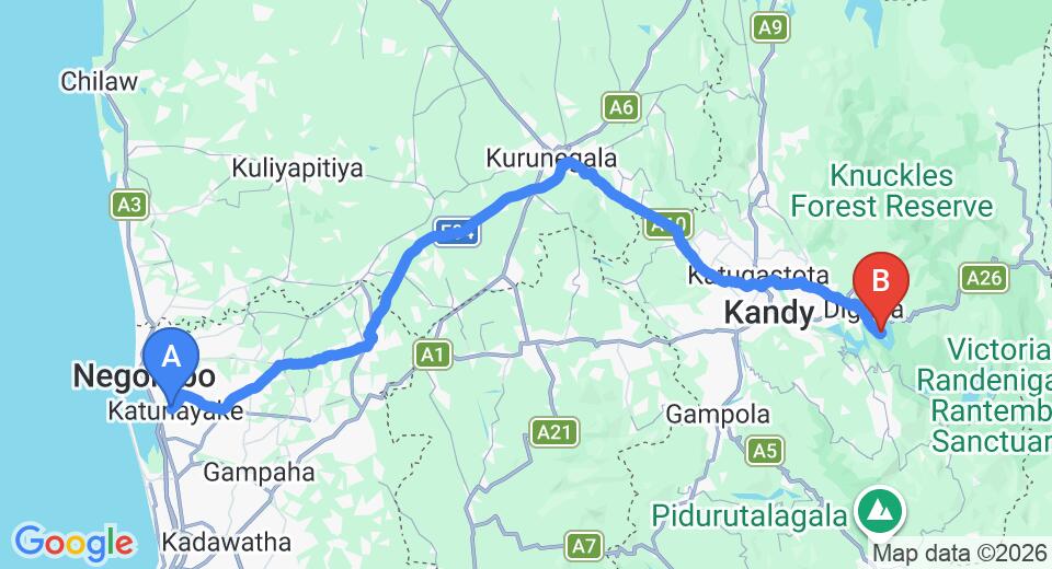 Driving route map: Colombo Airport (CMB) to Eagle's Falls at Victoria Golf and Country Resort, Kandy (131 km, approx 3 h 23 min private transfer)