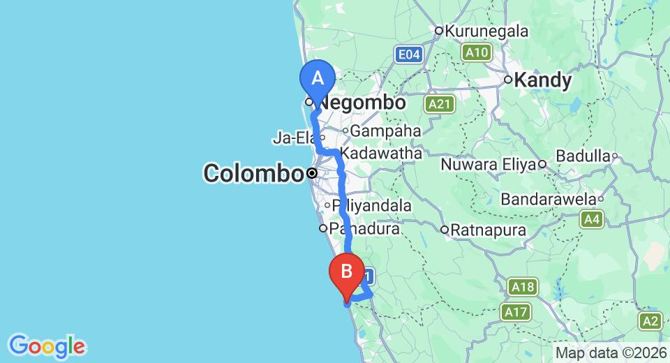 Driving route map: Colombo Airport (CMB) to Club Villa, Bentota (109 km, approx 1 h 43 min private transfer)