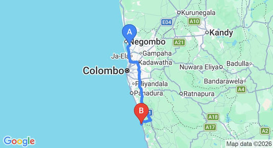 Driving route map: Colombo Airport (CMB) to Club Villa, Bentota (109 km, approx 1 h 43 min private transfer)