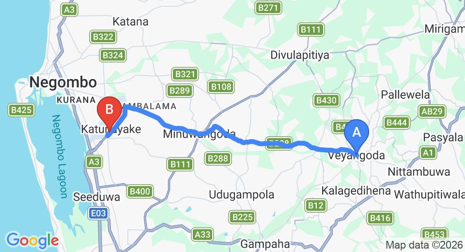 Driving route map: Veyangoda to Colombo Airport (CMB) (23 km, approx 43 min private transfer)