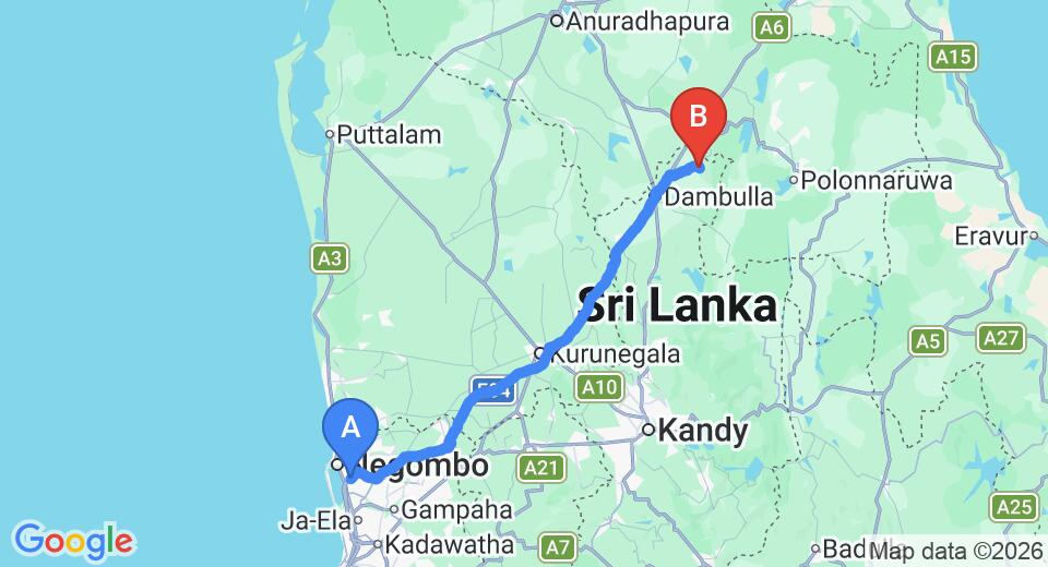 Driving route map: Colombo Airport (CMB) to Winreach Leala Resort, Sigiriya (146 km, approx 3 h 13 min private transfer)