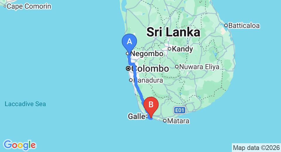 Driving route map: Colombo Airport (CMB) to Auraliya, Talpe (157 km, approx 2 h 15 min private transfer)