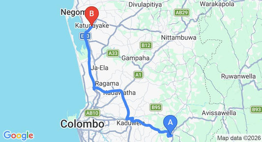 Driving route map: Hanwella to Colombo Airport (CMB) (52 km, approx 1 h 8 min private transfer)