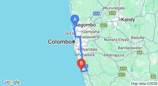 Driving route map: Colombo Airport (CMB) to Muthumuni Ayurveda River Resort, Aluthgama (108 km, approx 1 h 41 min private transfer)