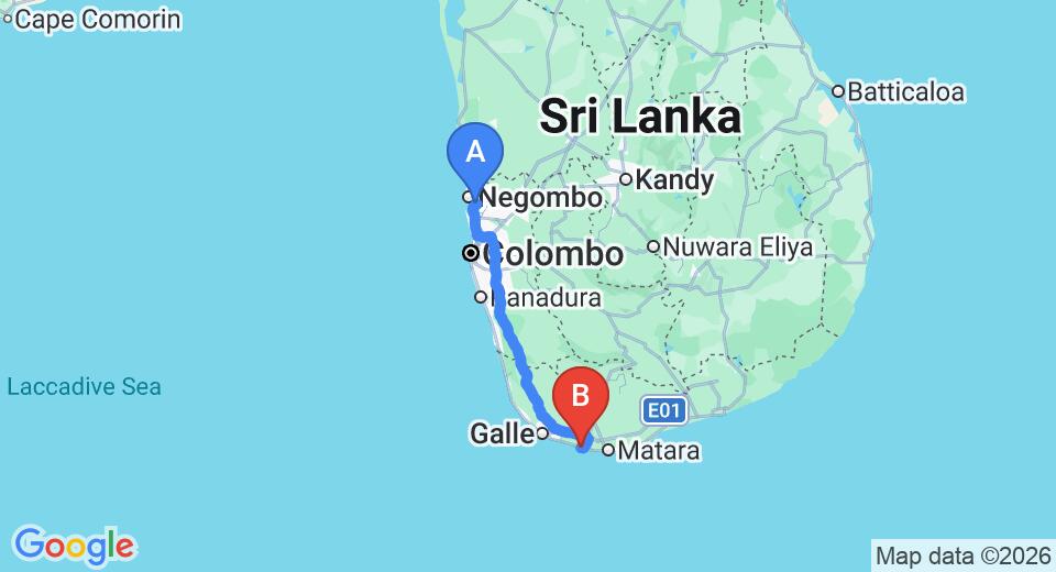 Driving route map: Colombo Airport (CMB) to Barberyn Beach Ayurveda Resort, Weligama (175 km, approx 2 h 30 min private transfer)