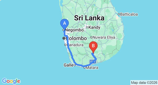 Driving route map: Colombo Airport (CMB) to Nil Diya Mankada, Udawalawe (262 km, approx 3 h 42 min private transfer)