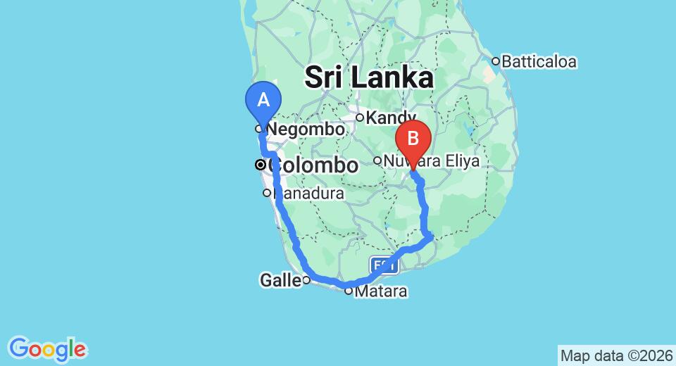 Driving route map: Colombo Airport (CMB) to Ella Vallee02, Ella (335 km, approx 4 h 56 min private transfer)